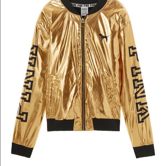 🔥VS Pink MED Gold Bomber Jacket - Picture 2 of 4